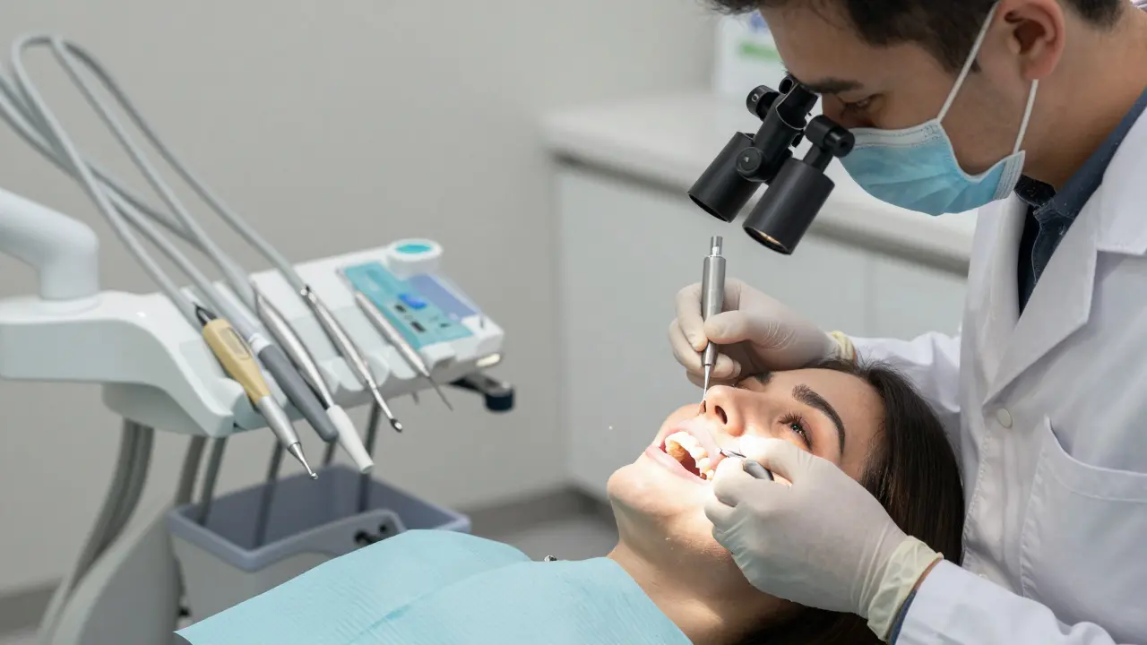 Zubní lékař přilepuje keramické fáze na přední zuby pacienta v klinice.