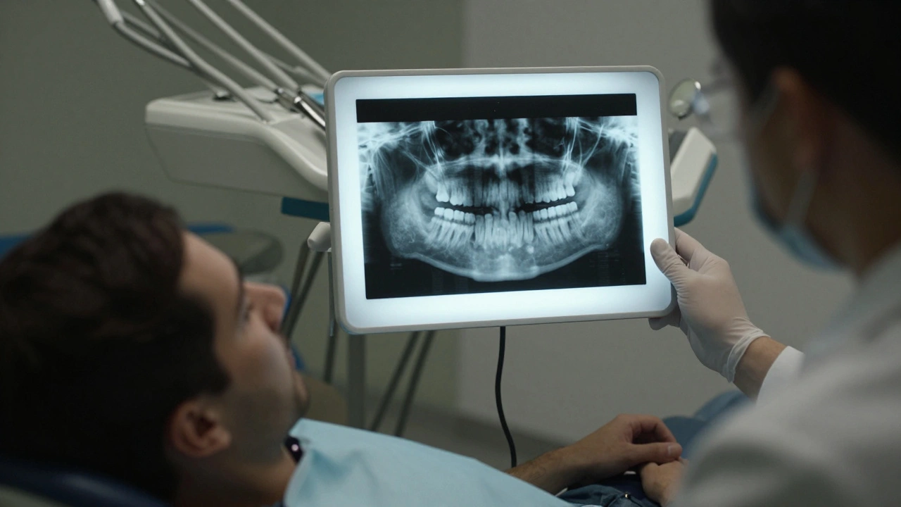 Zubní lékař prohlíží panoramatický rentgen čelisti s příznaky infekce.