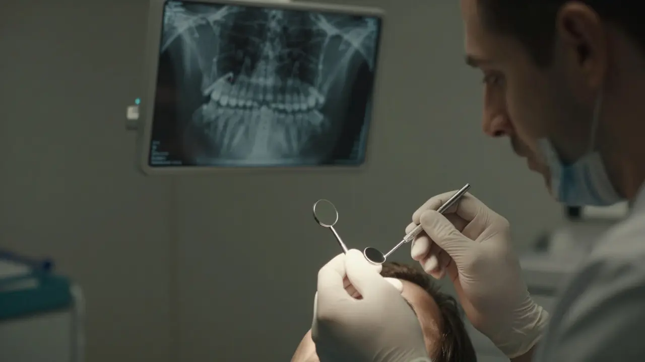 Zubní lékař vyšetřuje přední zub v klinice pomocí zrcátka a sondy.