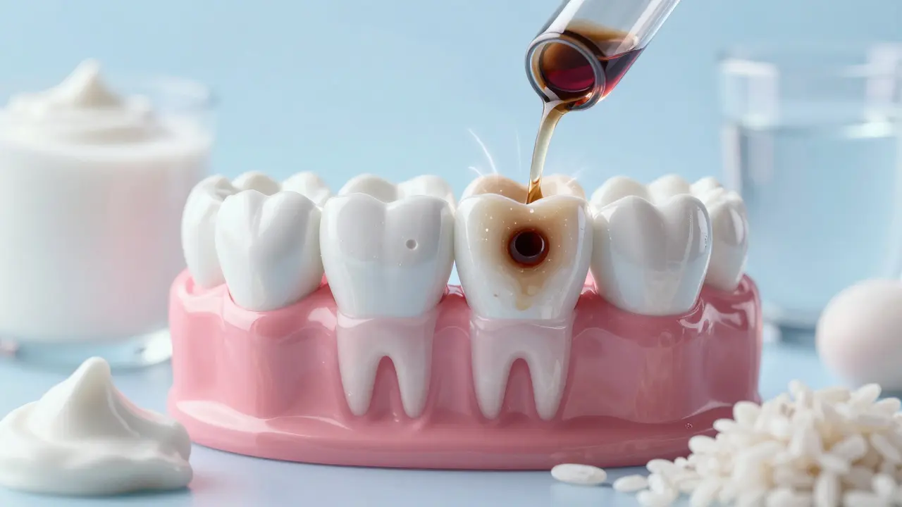 Zuby s otevřenými mikropóry, ochraňované bílými potravinami proti tmavým barvivům.