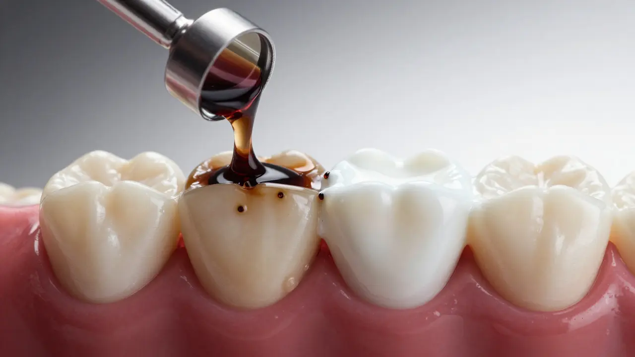 Zvětšený pohled na zuby s vstřebáváním barviv a obnovou sklovitěny.