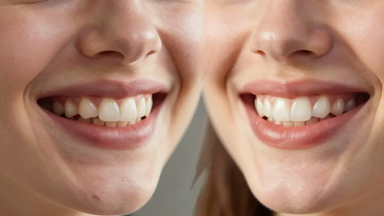 Before and after smile transformation showing natural teeth turning into perfect veneers.