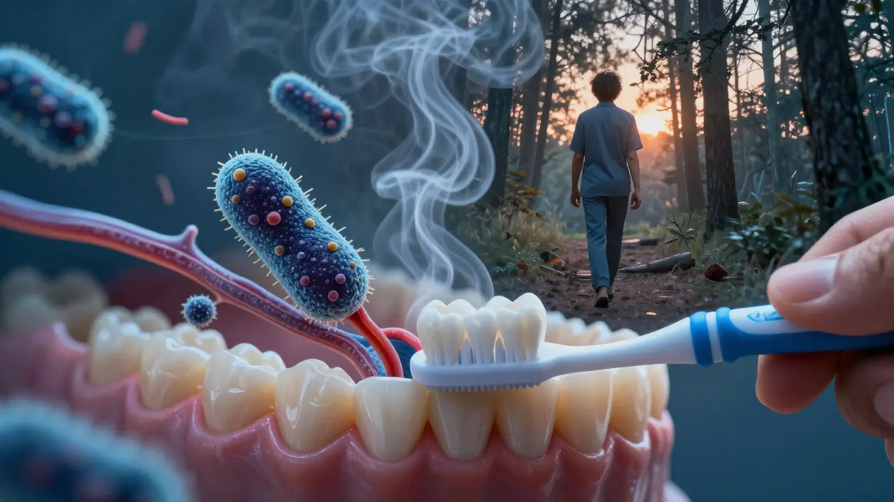 Blízký pohled na zuby a dásně s bakteriemi proudícími do krve, zatímco člověk prochází lesem.