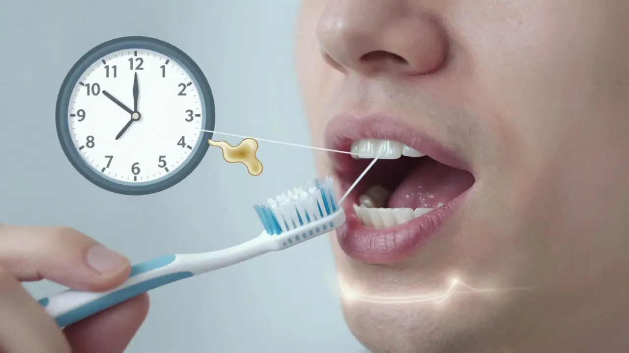 Čištění mezizubních prostorů nití, plak se mění v kámen, zubní kartáček nedosáhne.