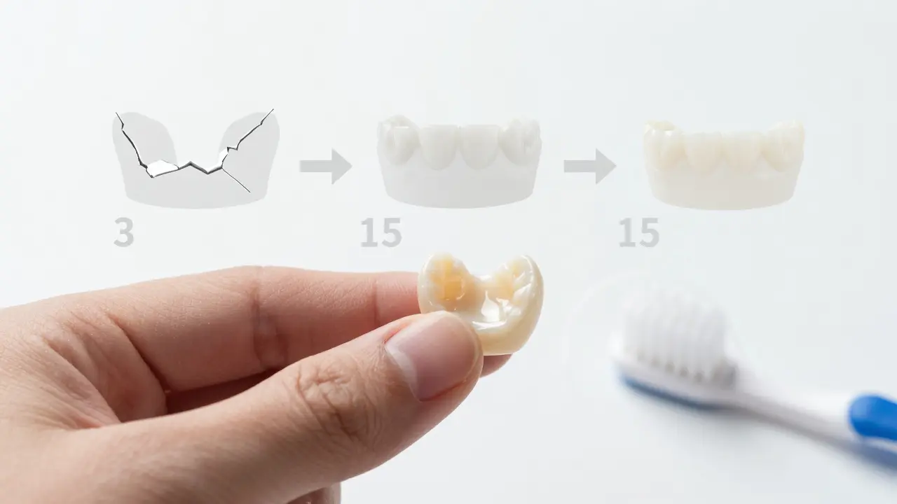 Close-up of a ceramic dental crown with subtle timeline showing long-term durability.
