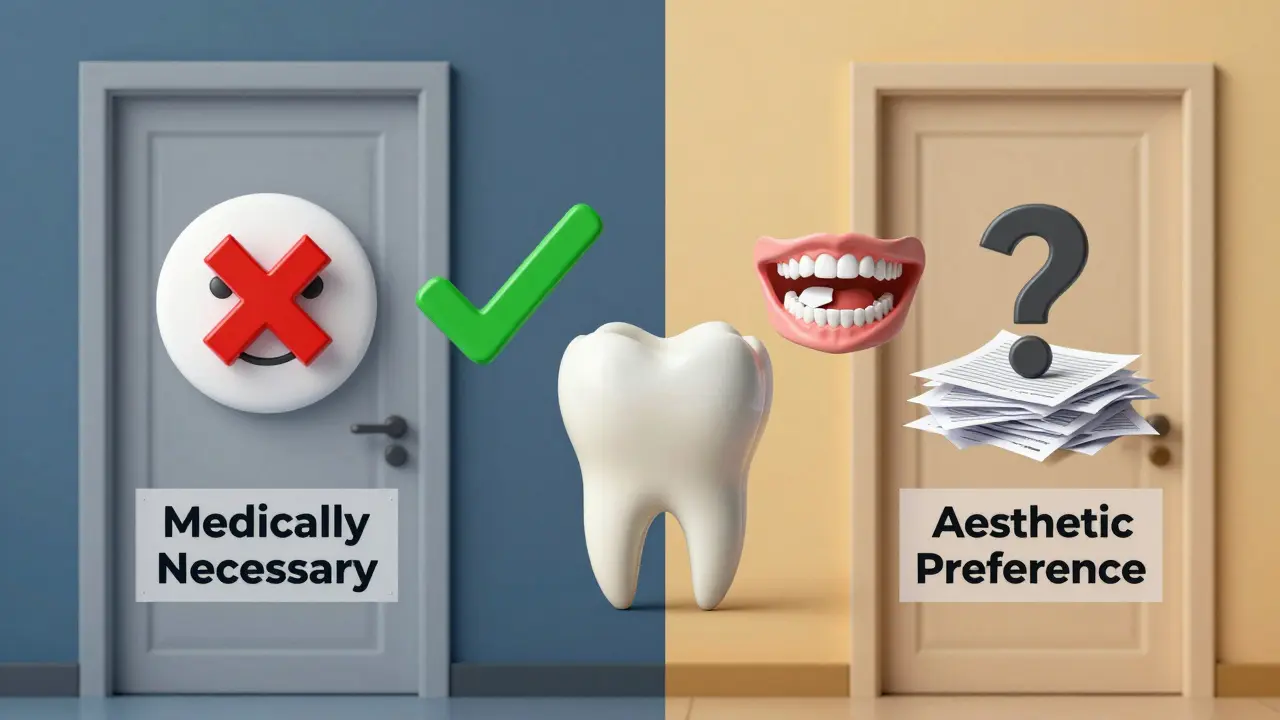 Člověk mezi dvěma cestami: jedna vede k lékařsky odůvodněné protéze, druhá k estetickému řešení.