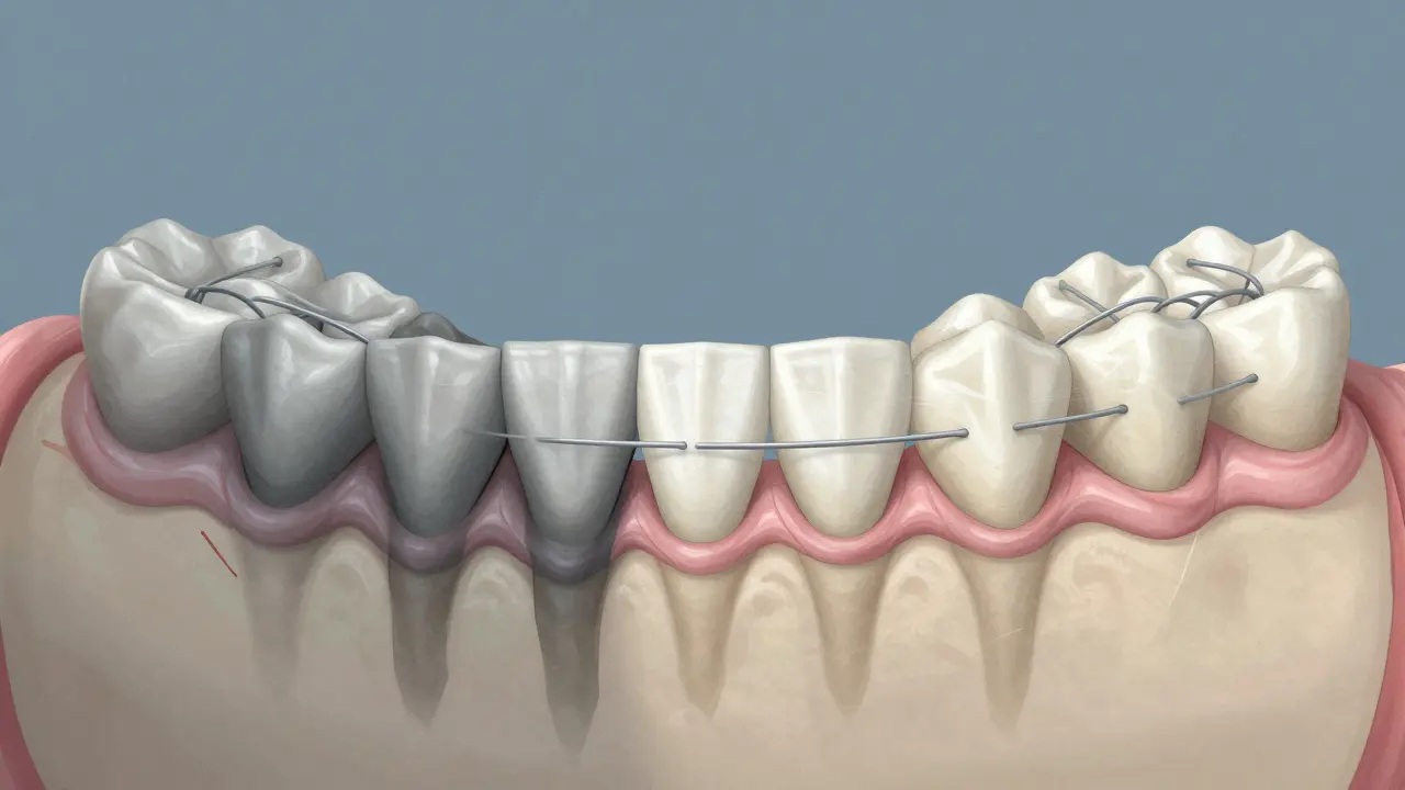 Cross-section of jawbone showing bone remodeling around shifted teeth