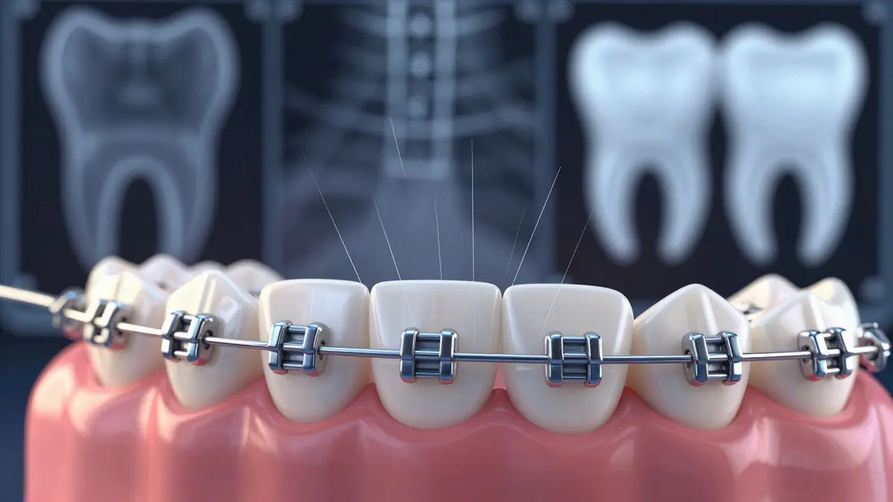 Detail zubních rovnátek s drátkem, který pomalu posouvá zuby do správné polohy.