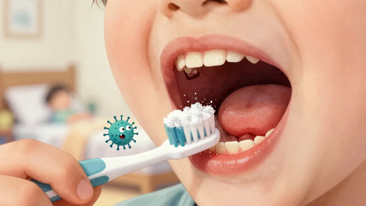 Dětské zuby s kávou mezi zuby a bakteriemi živícími se z cukru.