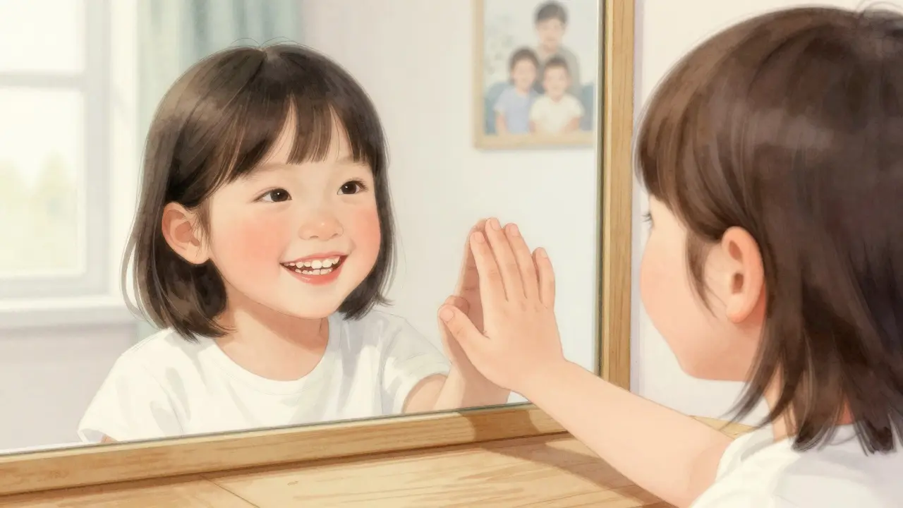 Dívka se dívá do zrcadla, mezi jejími novými zuby je mezera, jemné světlo z okna.