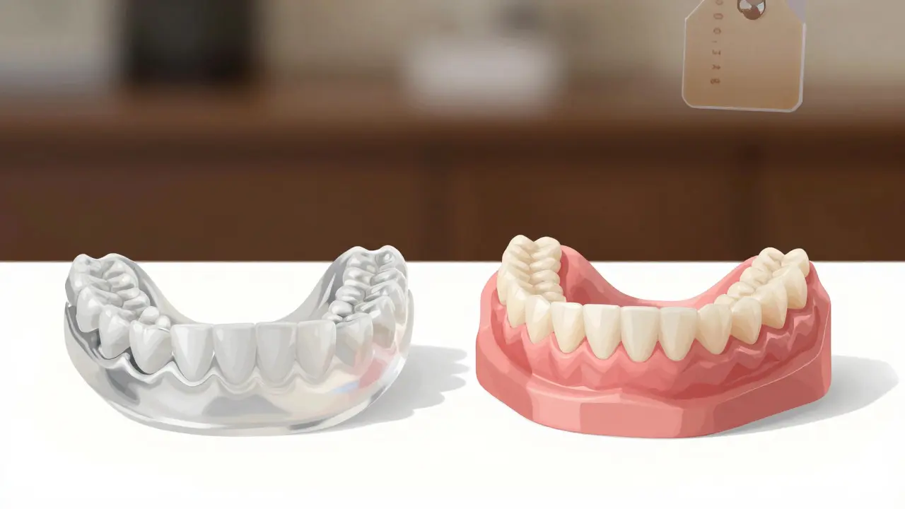 Dvě zubní protézy vedle sebe: jedna základní akrylová, druhá kvalitnější s přirozeným vzhledem.
