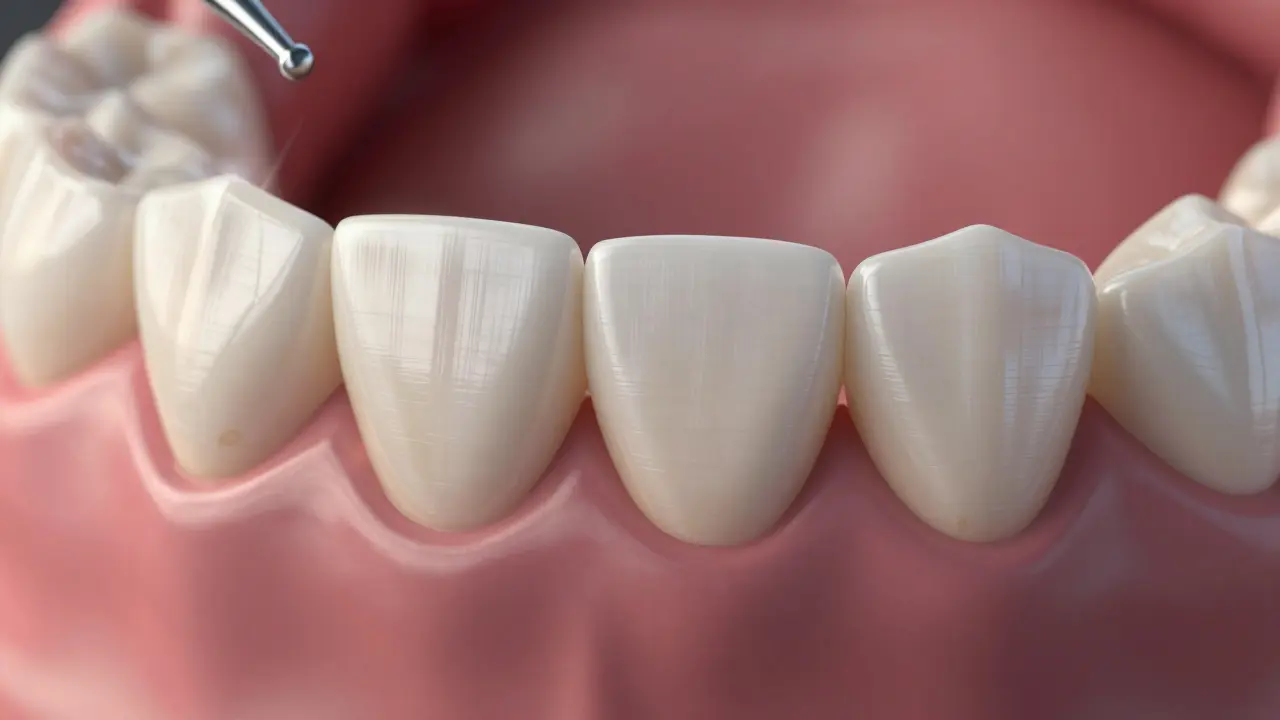 Floating ceramic dental veneers with natural enamel details, illuminated in soft light.