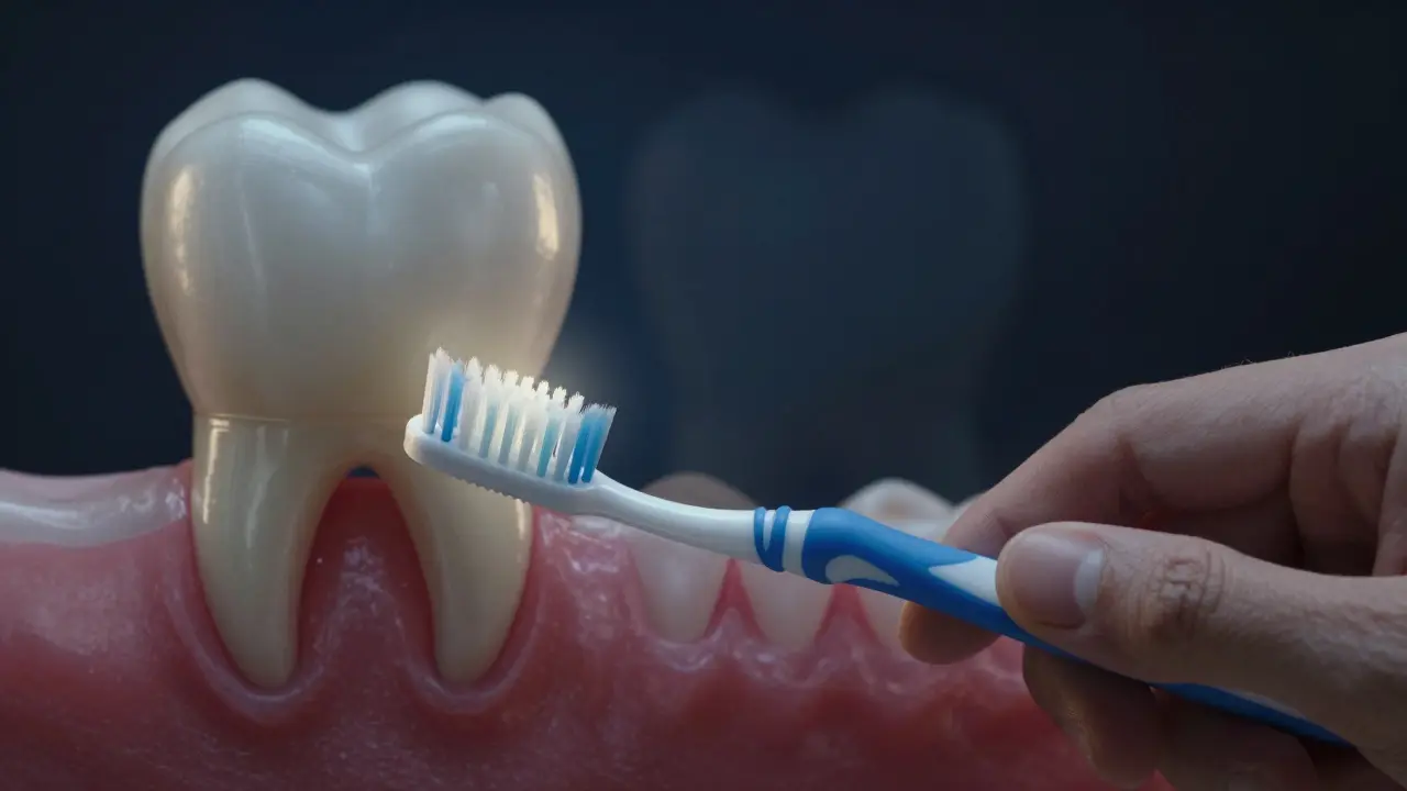 Kartáček čistící zuby pod úhlem 45 stupňů s viditelným plakem.