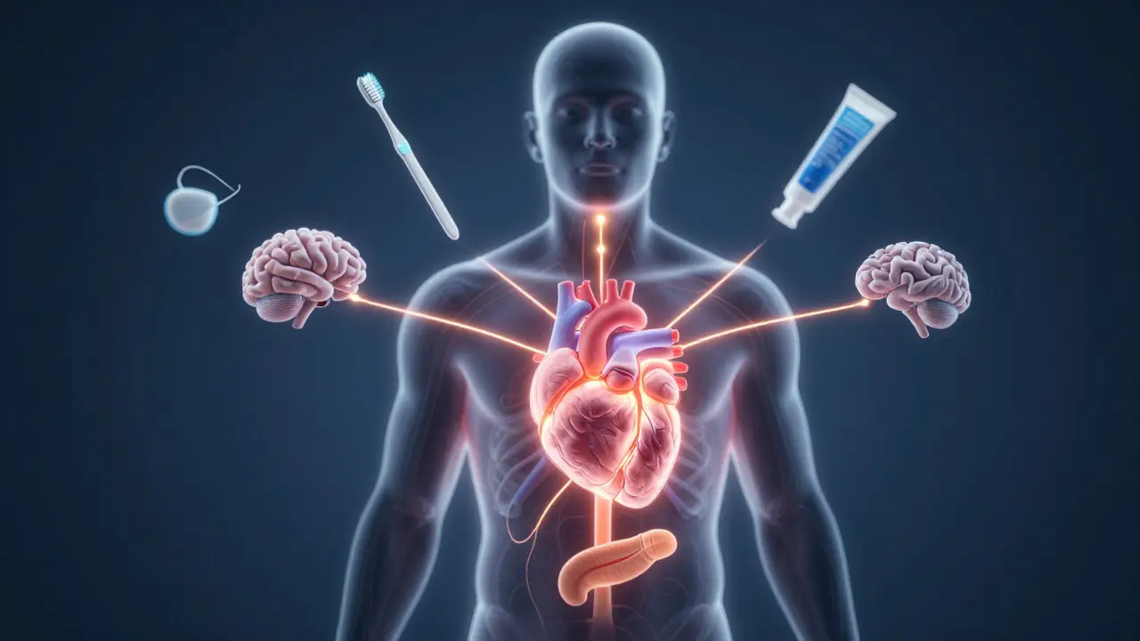 Kontur lidského těla spojuje ústní hygienu se zdravím srdce, mozku a slinivky břišní.