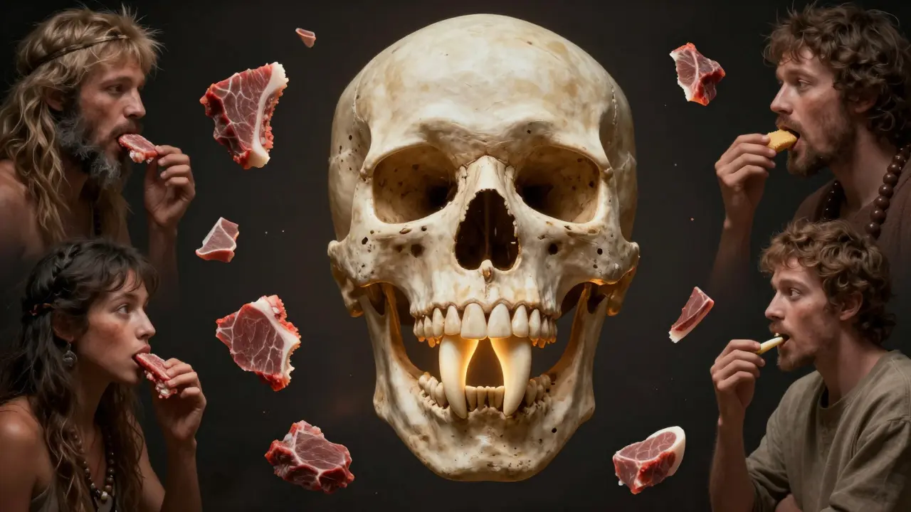 Kosti lebky s jedním šikmo rostoucím třenovým zubem a vývojovými obrazem předků.