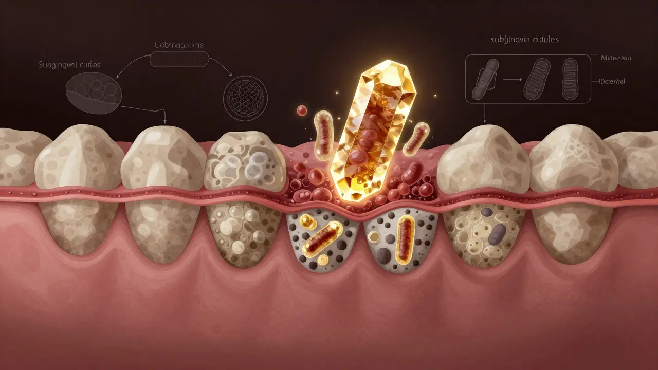 Křehká vrstva bakterií přeměňující se na tvrdý kámen pod dásní