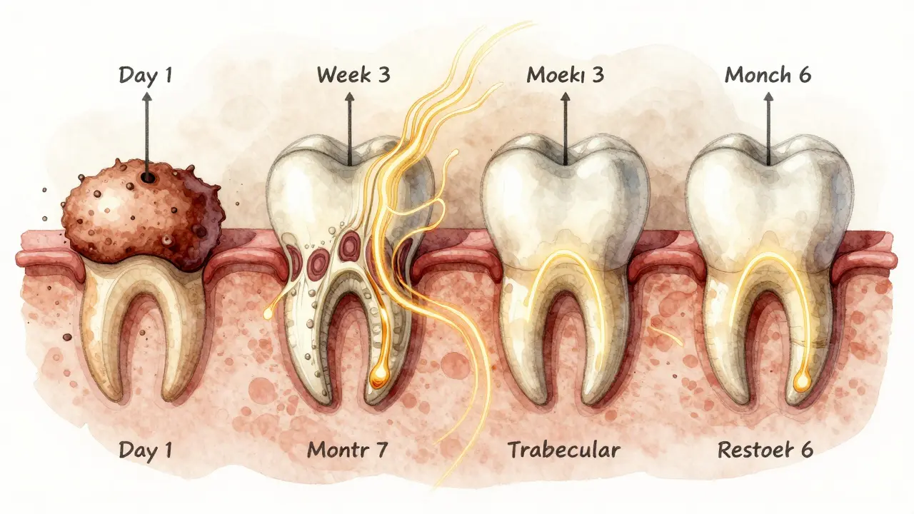 Kruhová ilustrace fází hojení kosti po vytržení zubu v průběhu měsíců.