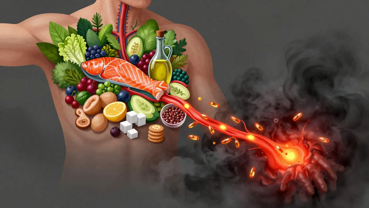 Lidské tělo s protizánětlivými potravinami v jedné polovině a zpracovanými potravinami v druhé.