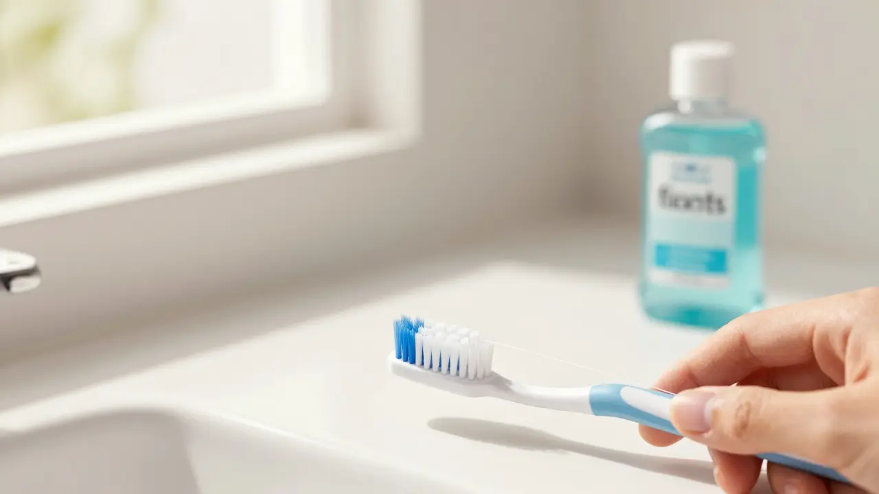 Měkký zubní kartáček a zubní nit při čištění zubů na čistém koupelnovém stole.