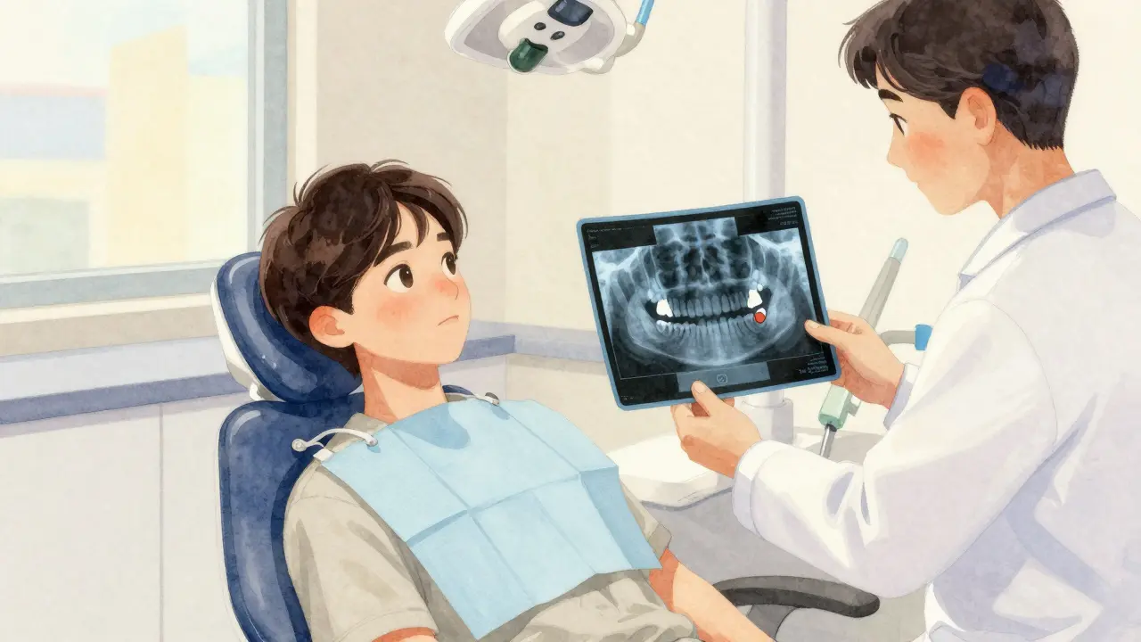 Mladý člověk v zubní klinice s panoramovým rentgenem zobrazujícím skryté třenové zuby.