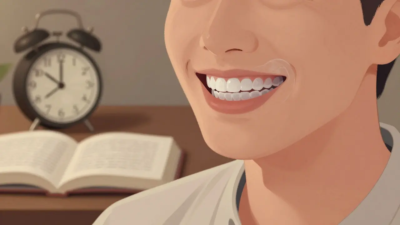 Osoba klidně mluví s průhlednými rovnátky v ústech, za ní kniha a hodiny.