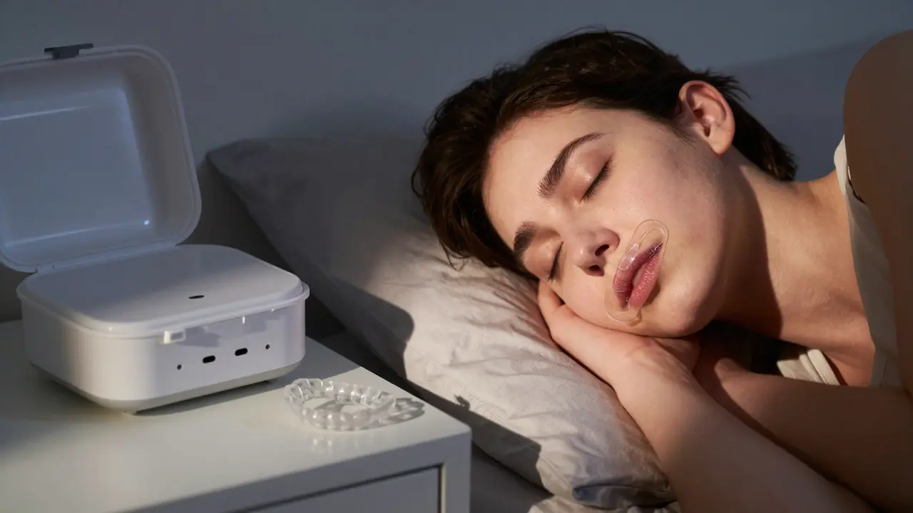 Osoba spí s tenkým retenčním zařízením, na nočním stolku kontejner na rovnátka.