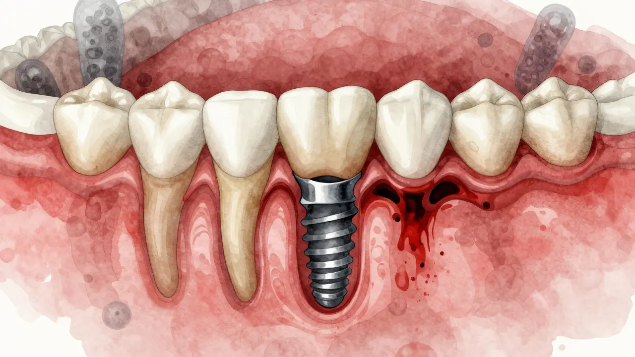 Příčný řez čelistí s implantátem a šířícím se zánětem, který ničí kost.