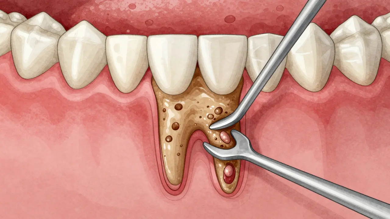 Příčný řez zubem ukazující plak a zubní kámen pod dásní.