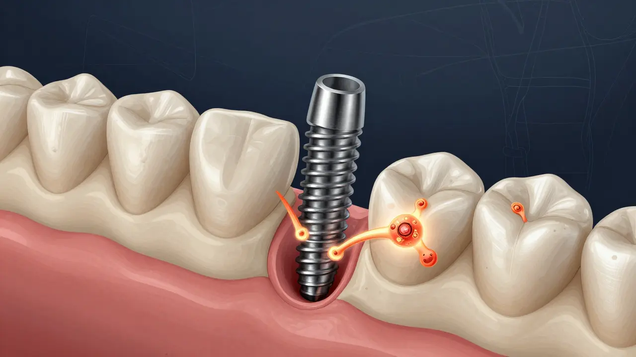 Průřez čelistí s implantátem, kde kost roste kolem kovového šroubu.