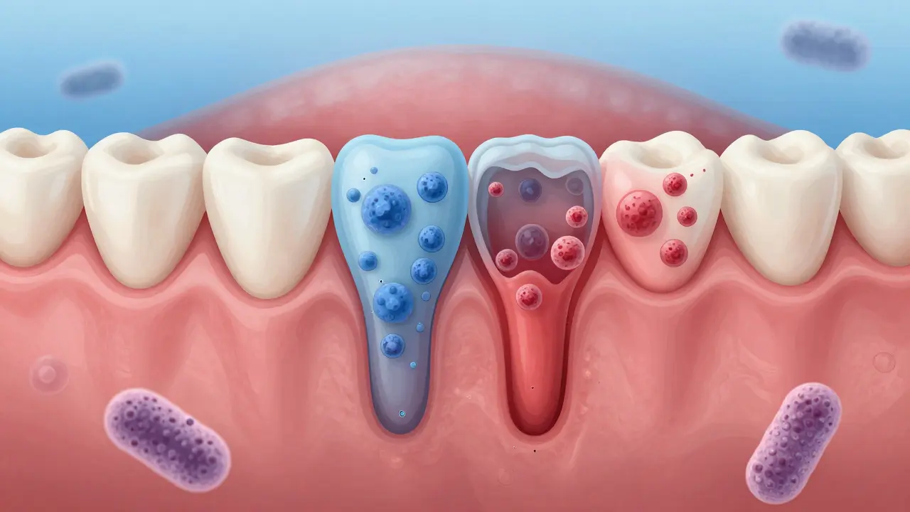 Průřez dásní s zdravou tkání a infikovaným plakem pod dásní.