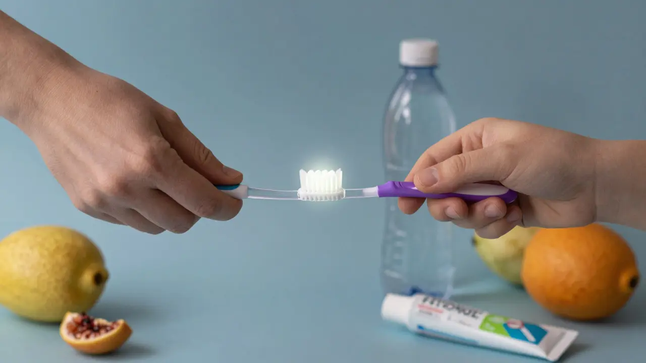 Rodič a dítě společně čistí zuby, kolem nich zdravé zuby a zdravé návyky.