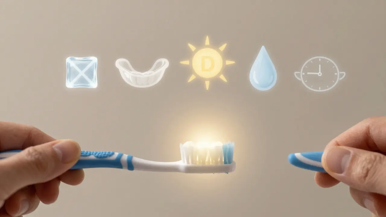 Ruka čistí zuby měkkým kartáčkem, kolem nich plavou symboly prevence prasklin.