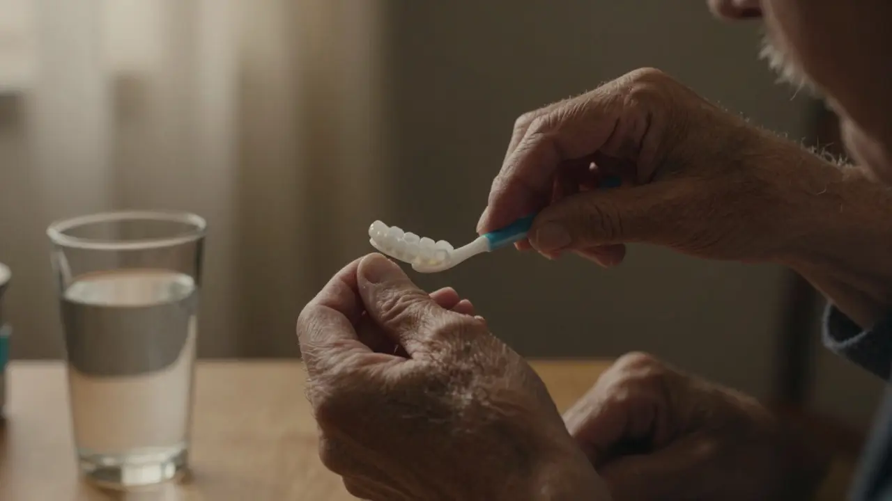 Senior čistí protézu a masíruje dásně ve večerním světle, bez nástrojů na pozadí.