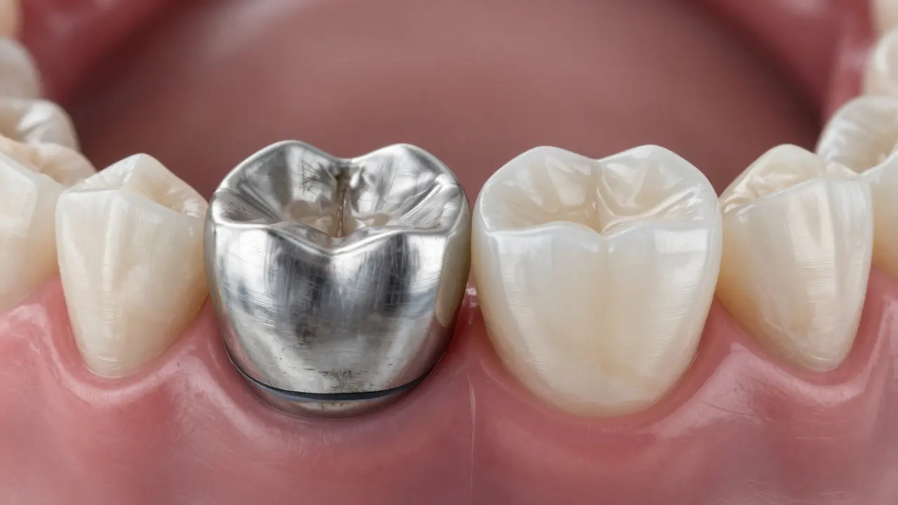 Side-by-side comparison of metal-ceramic and zirconia ceramic dental crowns.