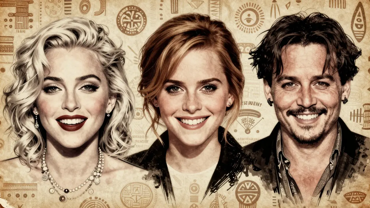 Slavné osobnosti se smíchem a mezerou mezi zuby, stylizované v vintage podobě s kulturními motivy.