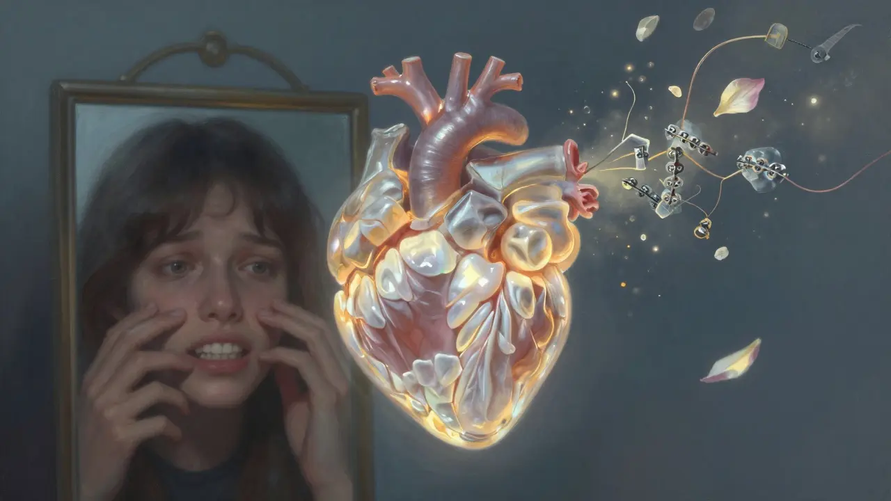 Srdce složené z fazet plave nad zrcadlem, symbolizující přeměnu sebevědomí.