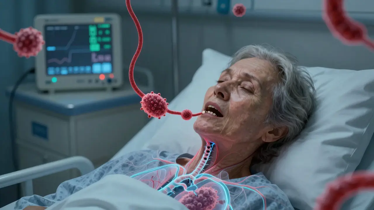 Stáří žena s infekcí z dásní, která se šíří do plic.