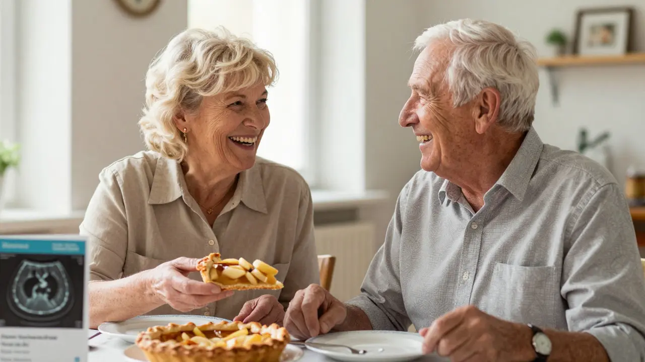 Starší pár se směje při večeři, oba s přirozenými zuby a plnými úsměvy.