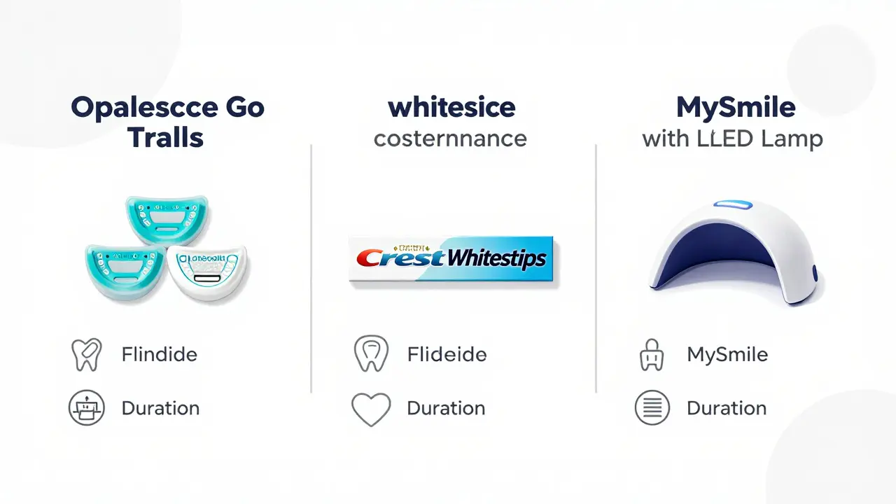 Tři druhy domácích sad na bělení zubů vedle sebe s význačnými vlastnostmi.