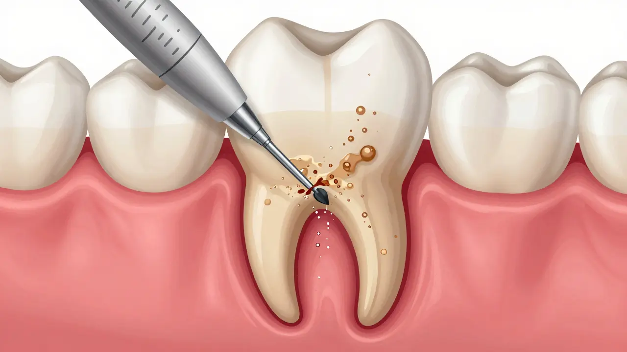 Ultrazvukový přístroj odstraňuje kámen pod dásní, voda rozprašuje zbytky, zánět je vidět kolem kořene.