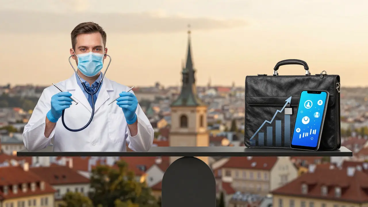 Váha symbolizující rovnováhu mezi klinickou prací a podnikáním v zubní péči v Praze.