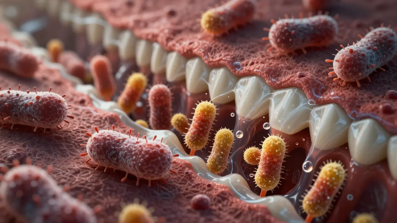 Vědecká ilustrace bakterií vytvářejících kyselinu, která ničí zubní sklovinu mezi zuby.