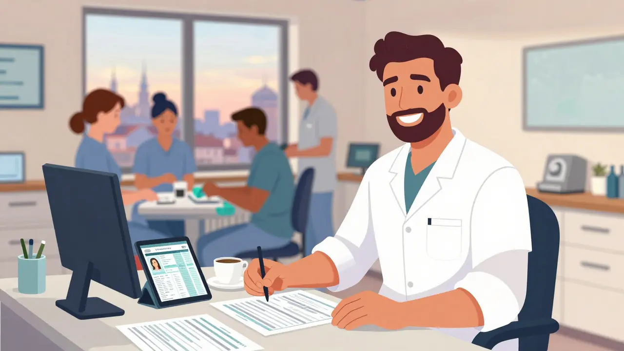 Vlastník zubní ordinace pracuje u stolu s finančními dokumenty, zatímco jeho tým pomáhá v pozadí.