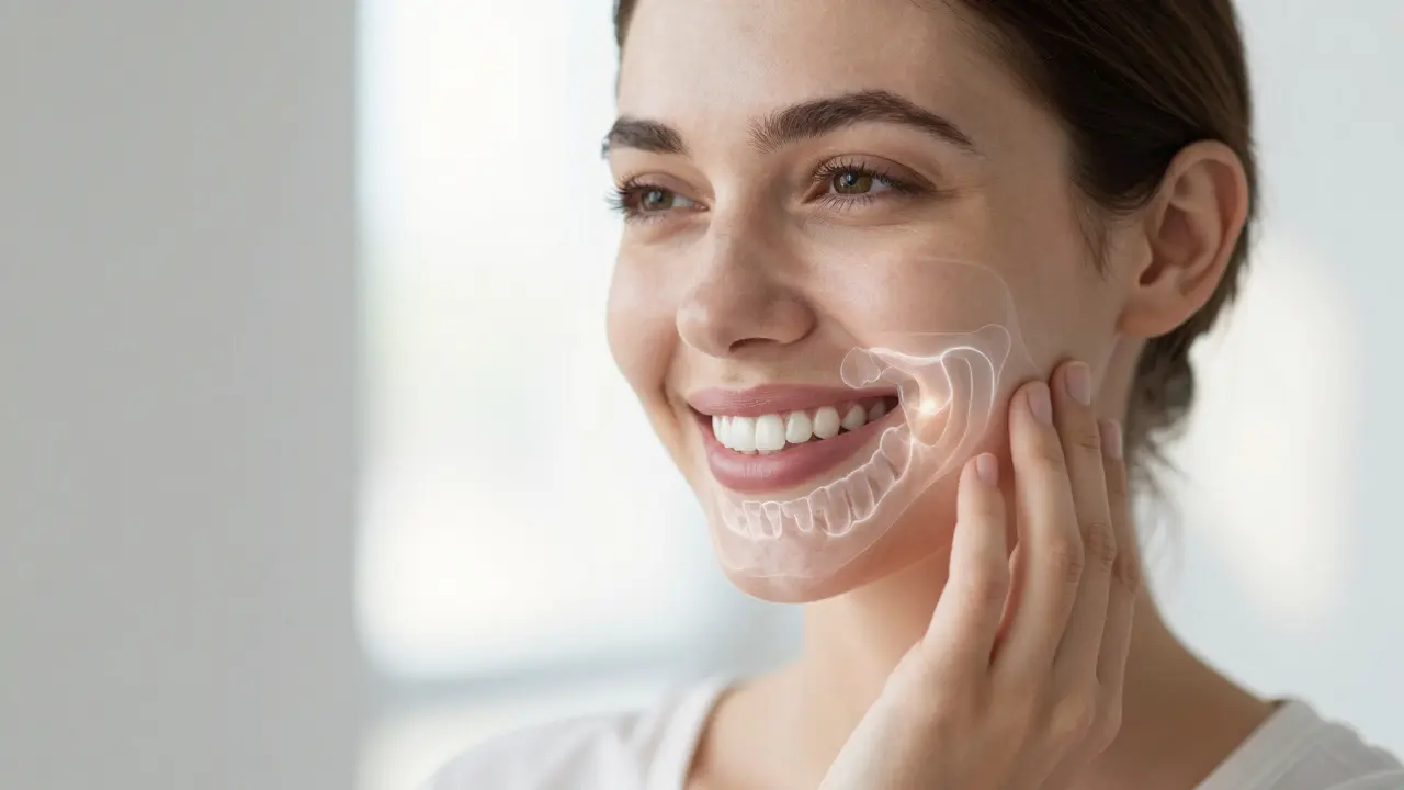 Woman smiling with full teeth, transparent outlines of lost teeth and bone fading away.