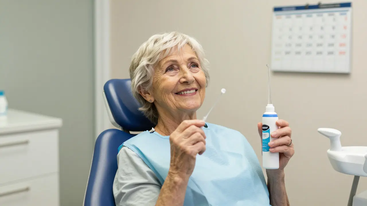 Žena v zubní klinice drží žvýkačku s xylitolou a vodní čističku.