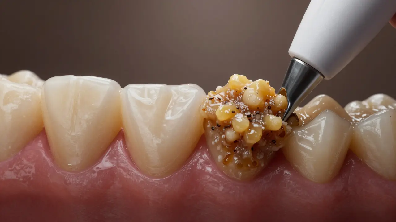 Zub s tvrdým zubním kamenem, který se postupně tvoří, s ultrazvukovým čističem v pozadí.