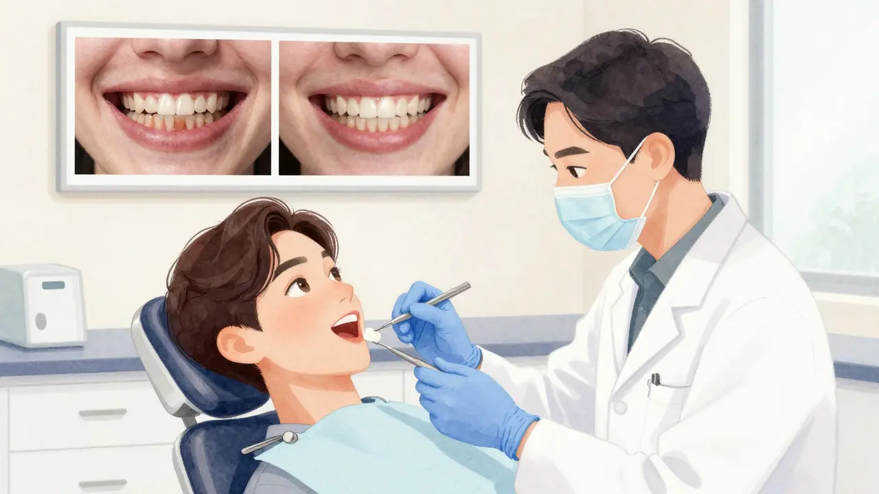 Zubař připevňuje tenkou keramickou fazetu na zub pacienta v klinice.