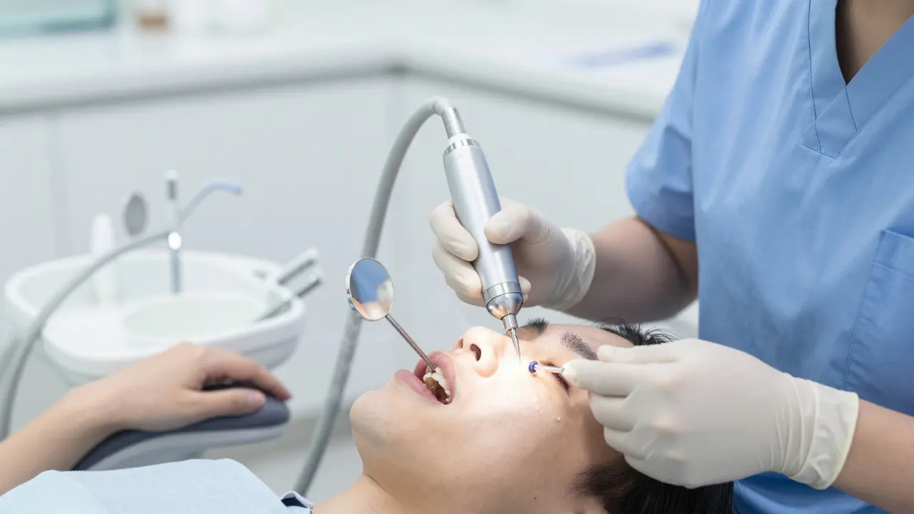 Zubní hygienik odstraňuje kámen pomocí ultrazvukového skrabu v klinice.