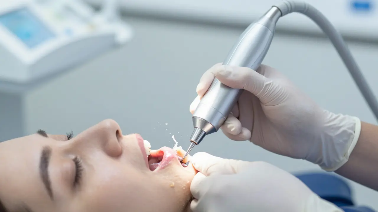 Zubní lékař odstraňuje kámen pomocí ultrazvukového přístroje