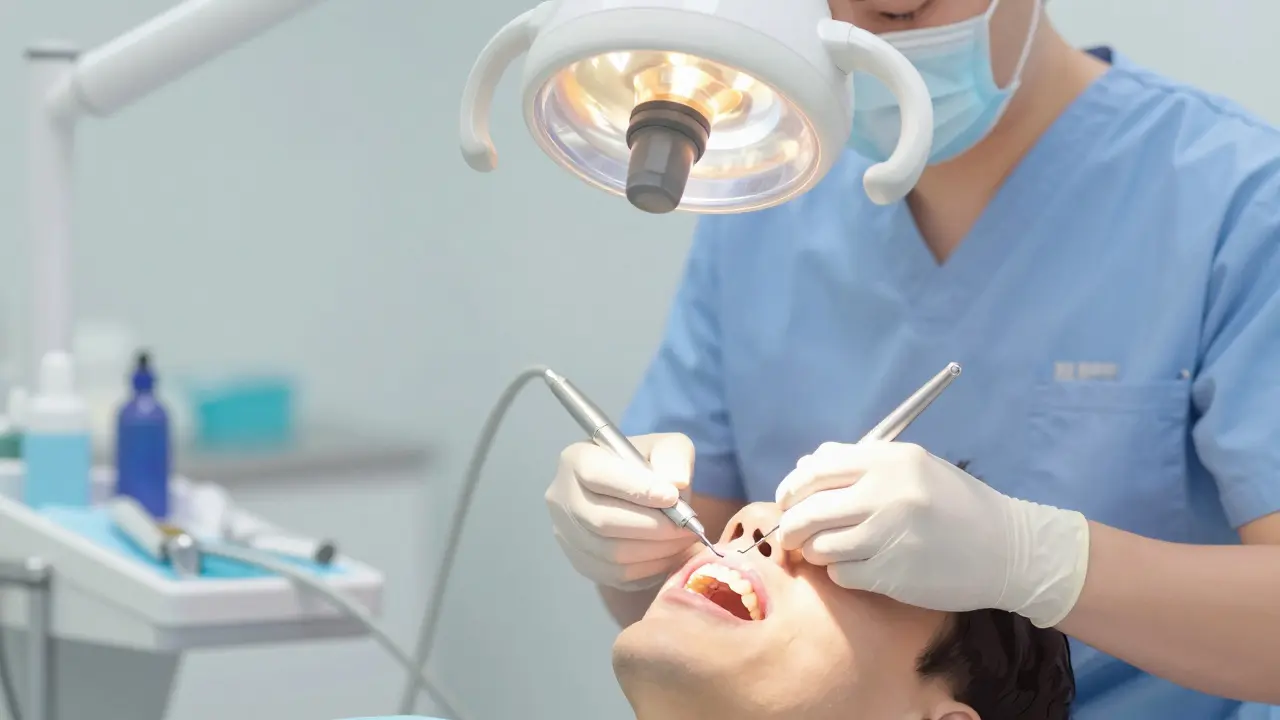 Zubní lékař odstraňuje zubní kámen pod dásní pomocí speciálních nástrojů.